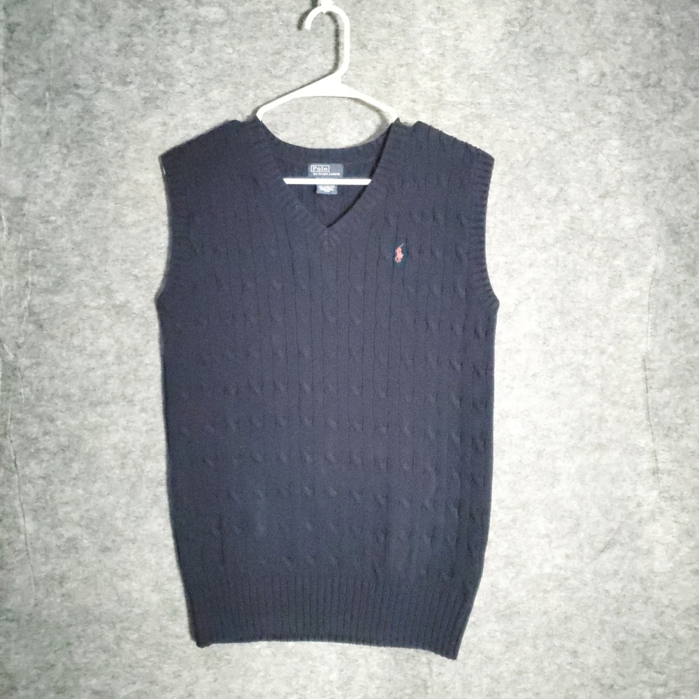 Polo Ralph Lauren Sweater Vest Men 16/18 Navy Blue Cable Knit V Neck Cotton Pony